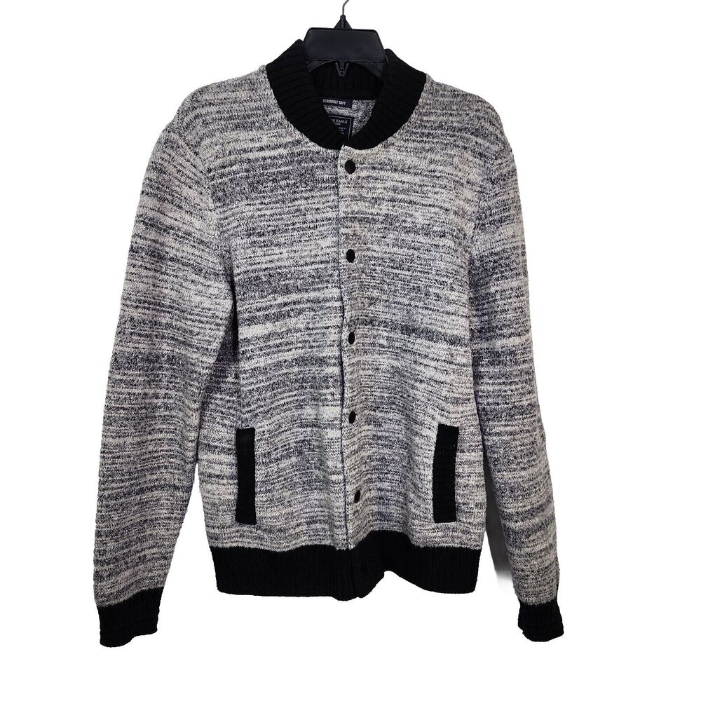 American Eagle Mens Sweater Jacket MT Medium Tall Heathered Black Gray Snap Soft